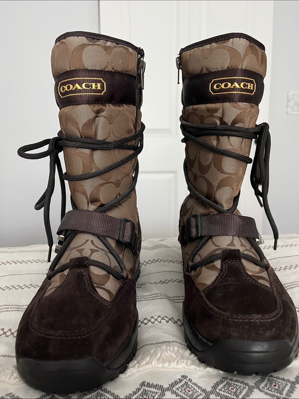 Coach: Brown Signature Logo Snow Boots